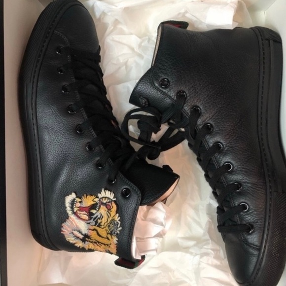 Black Gucci Leather High-Tops- Tiger - Picture 1 of 5